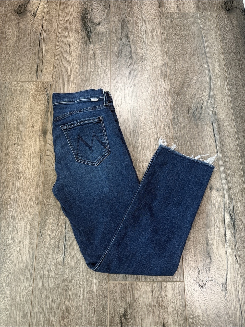 MOTHER Dark Blue Raw-Hem Cropped Jeans